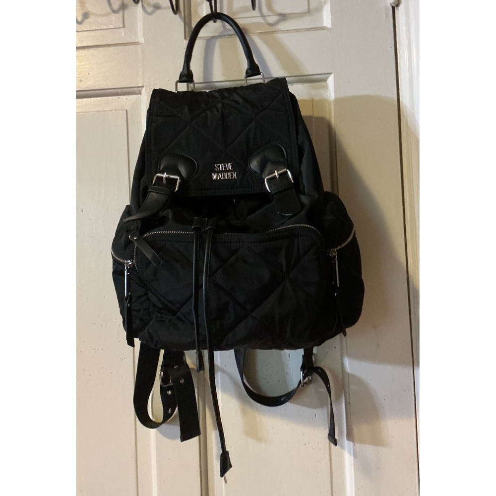 Steve Madden Quilted Black Silver Hardware Backpack Purse Large Travel Bag - Picture 4 of 11